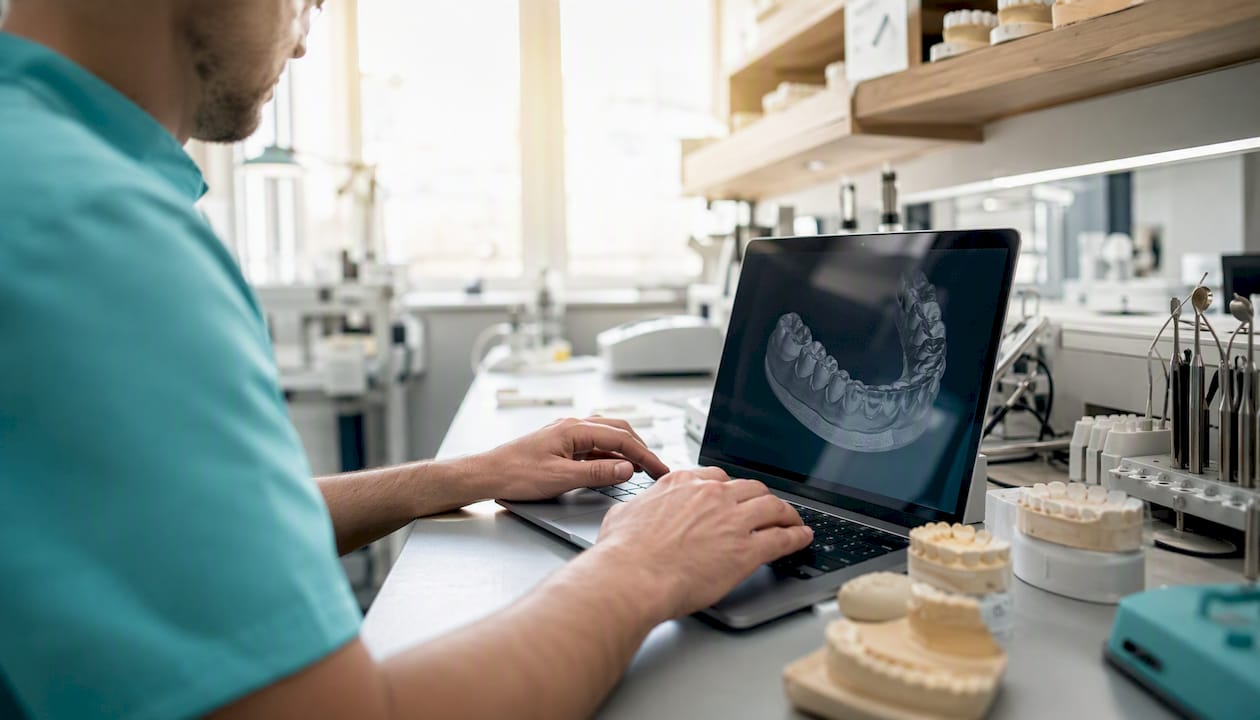 Hands aligning dental scan data on computer