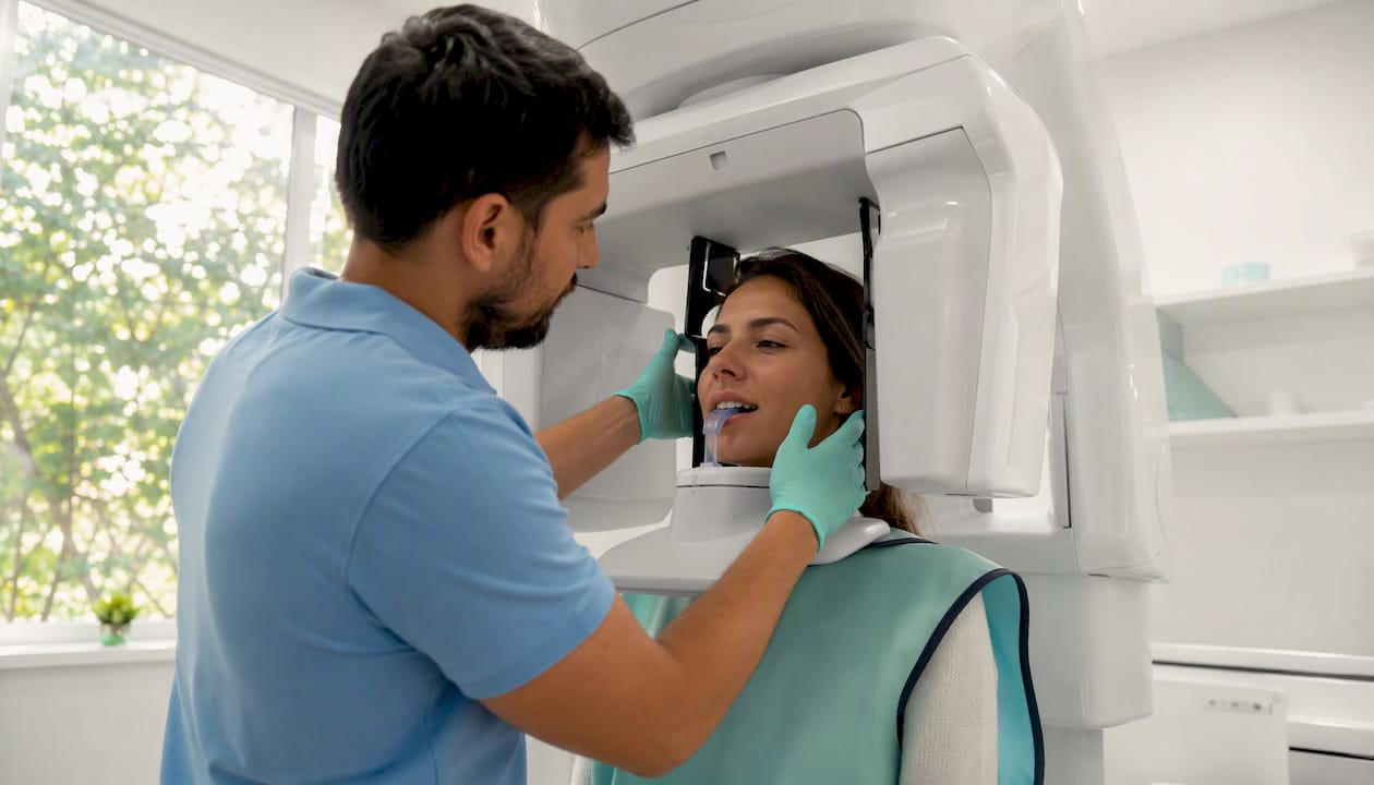 Technician positioning patient in CBCT scanner