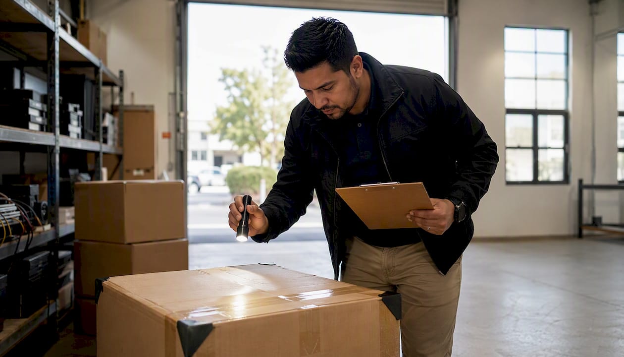 Installer inspecting delivered package for damage