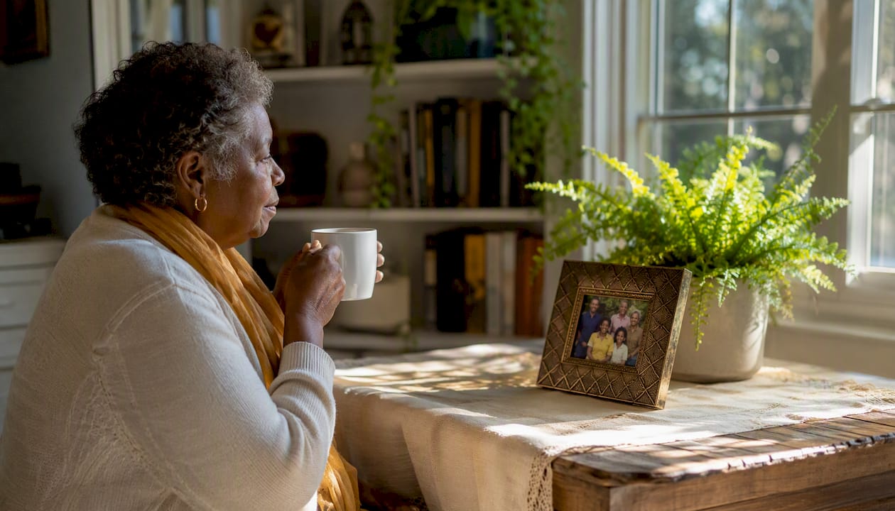 Woman contemplating home defense laws indoors