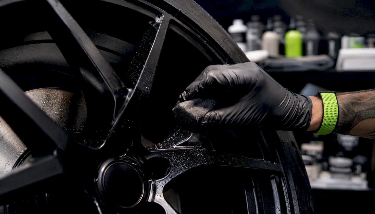 Close-up of ceramic coating bonding on wheel