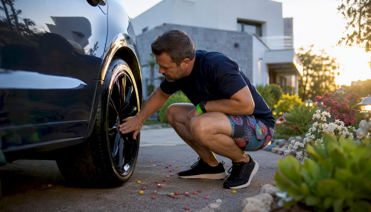 Car owner inspecting ceramic coated wheel outdoors