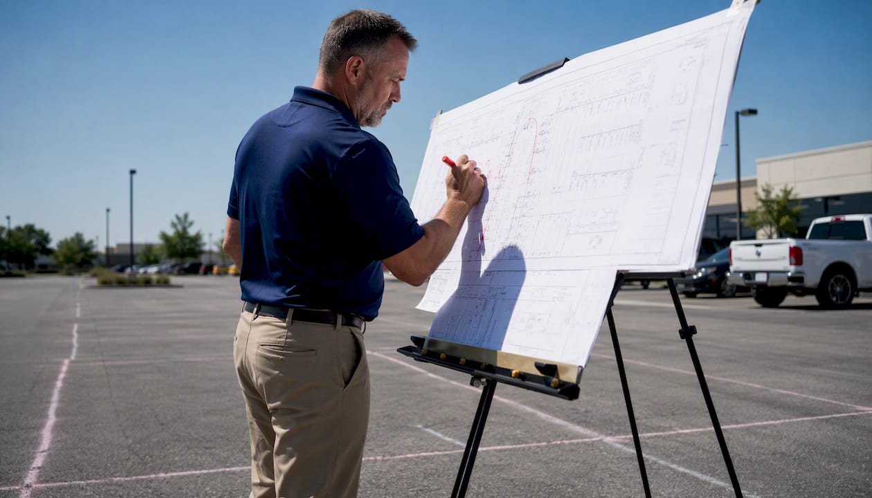 Property manager reviewing parking lot layout plans