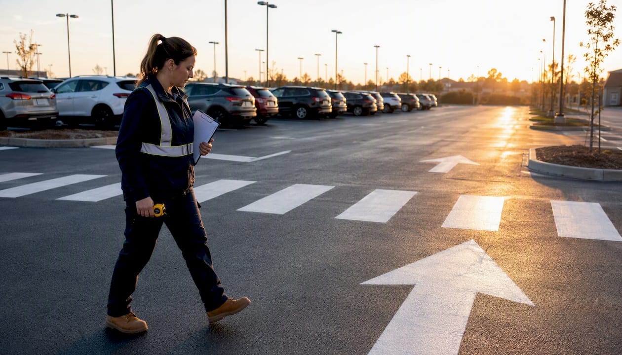 Maintenance worker inspecting parking lot markings