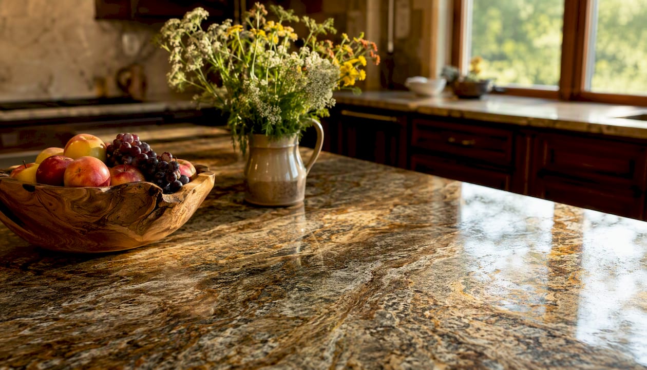Close-up granite farmhouse kitchen countertop