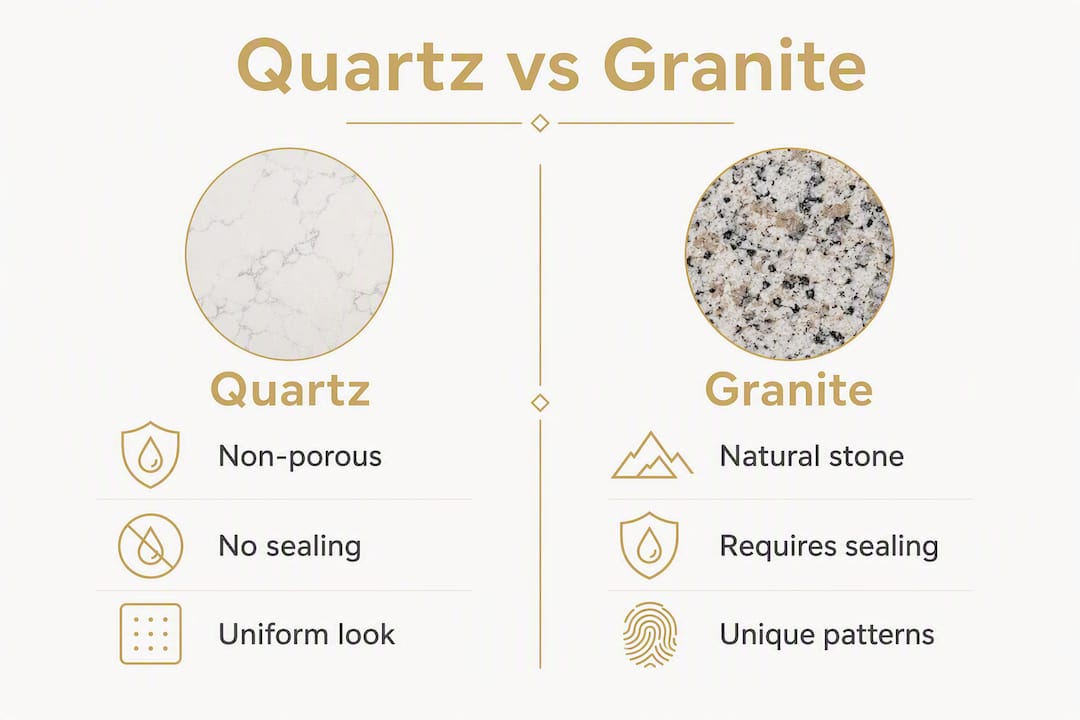 Infographic comparing quartz and granite countertops