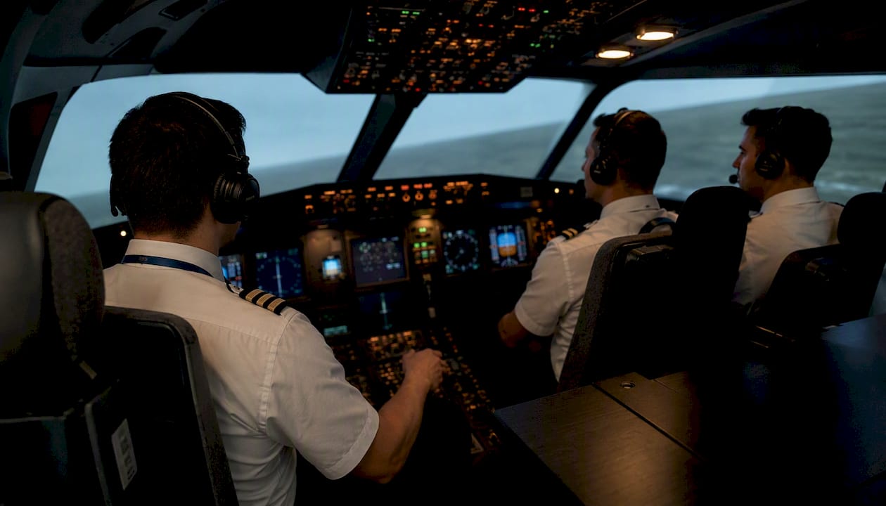 Flight crew in Level D full-motion simulator cabin