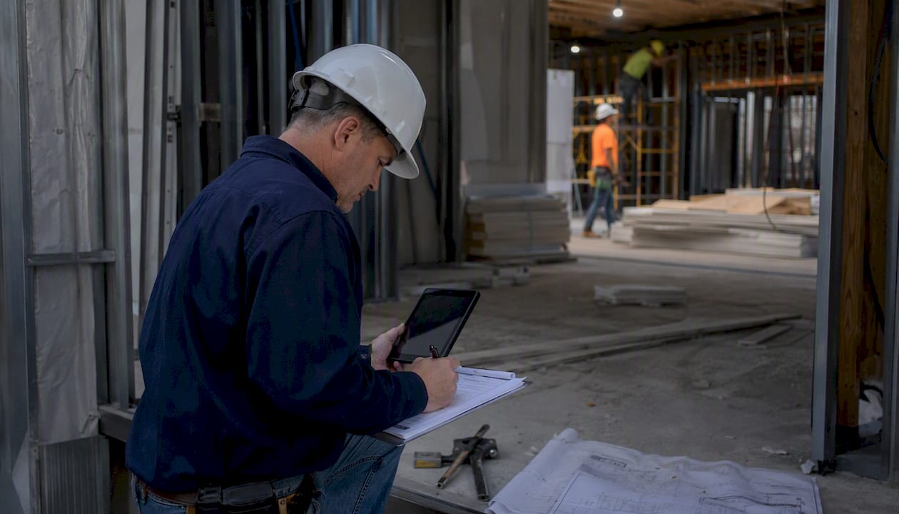 Project manager reviewing punch list on construction site