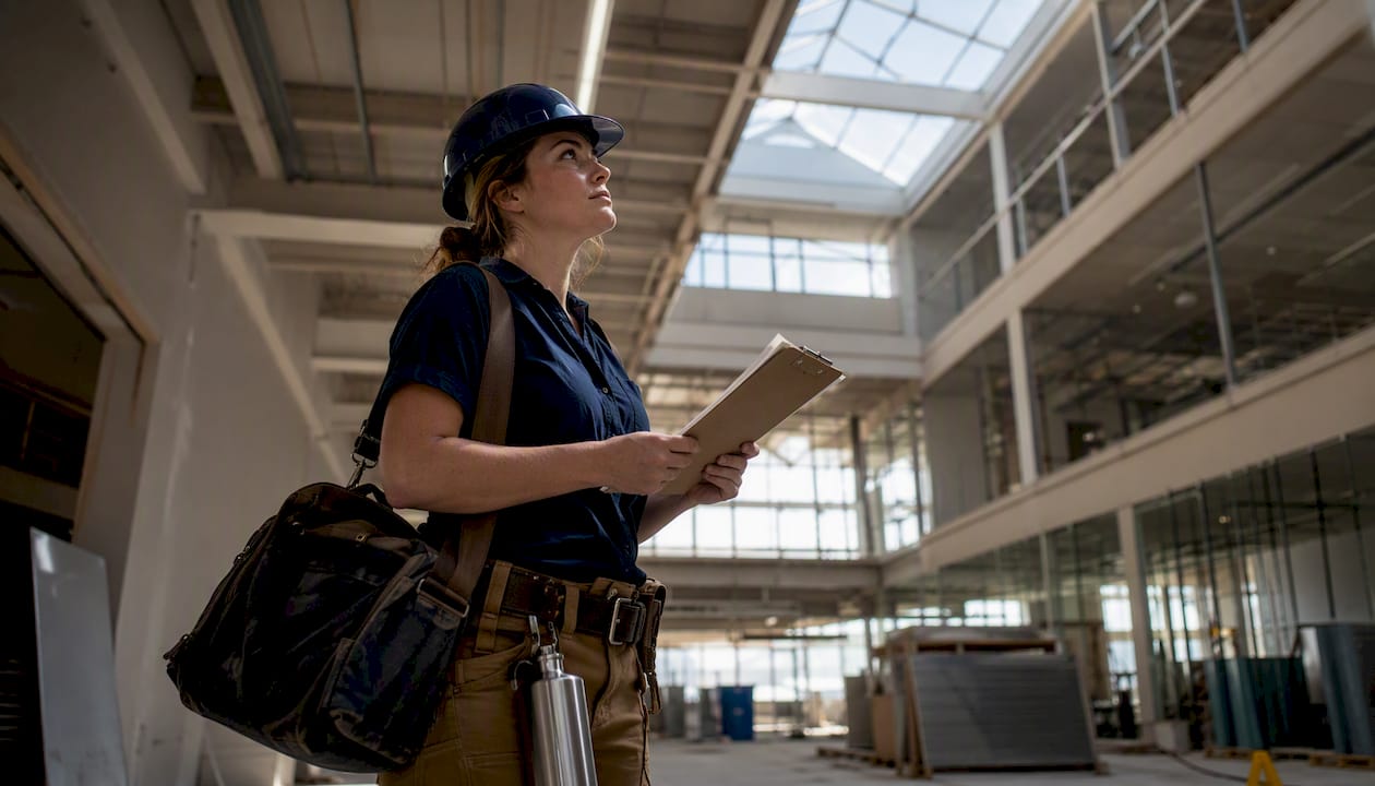Female contractor inspecting site during pre-punch walkthrough