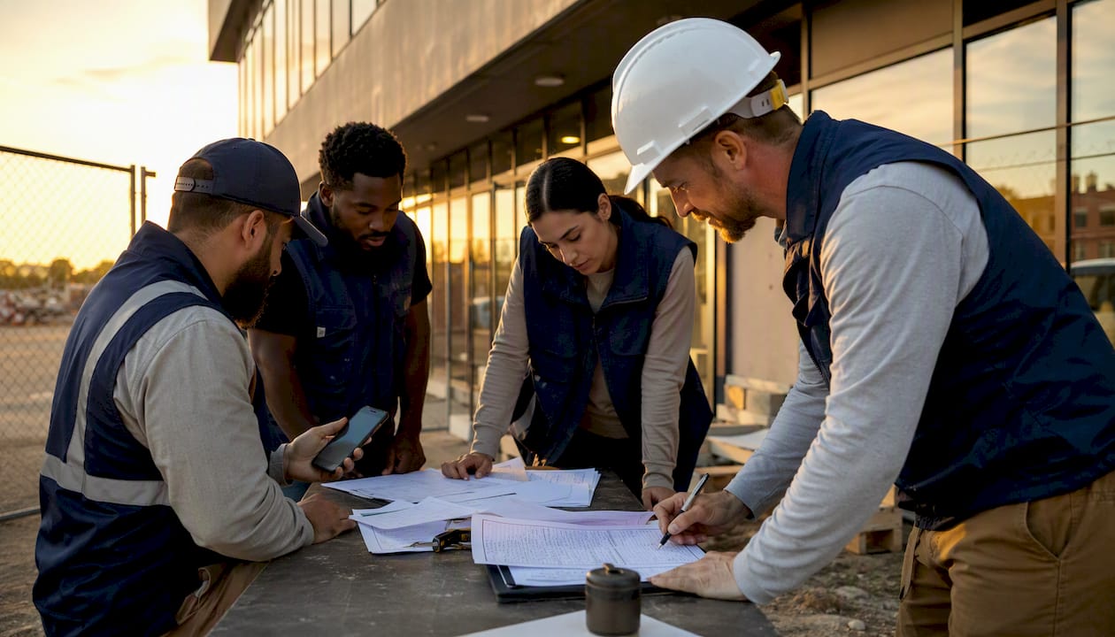 Construction team hands using devices and paperwork on site