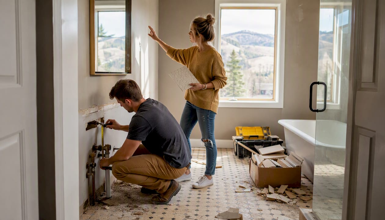 Couple inspecting mid-range bathroom remodel progress