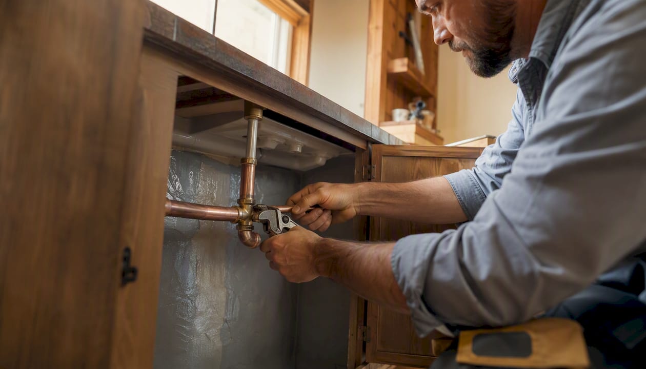 Plumber adjusting bathroom plumbing pipes under sink