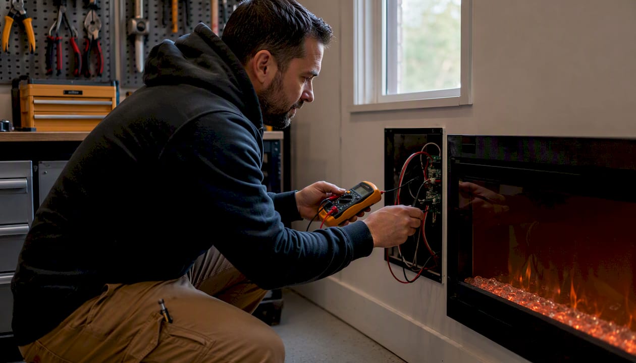 Technician testing electric fireplace wiring