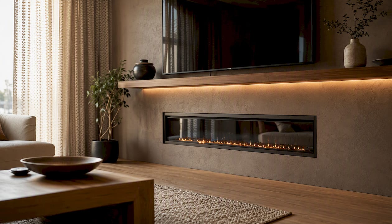 Flush built-in electric fireplace in sleek media wall