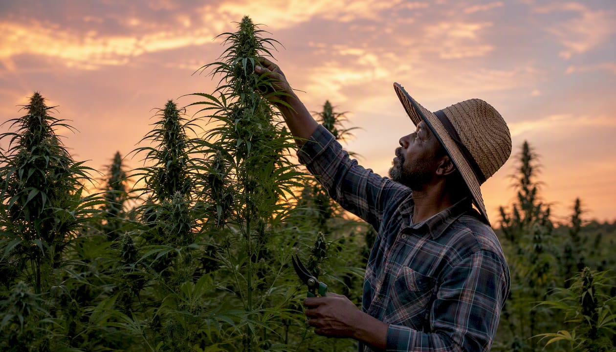 Gardener inspecting tall sativa cannabis plants