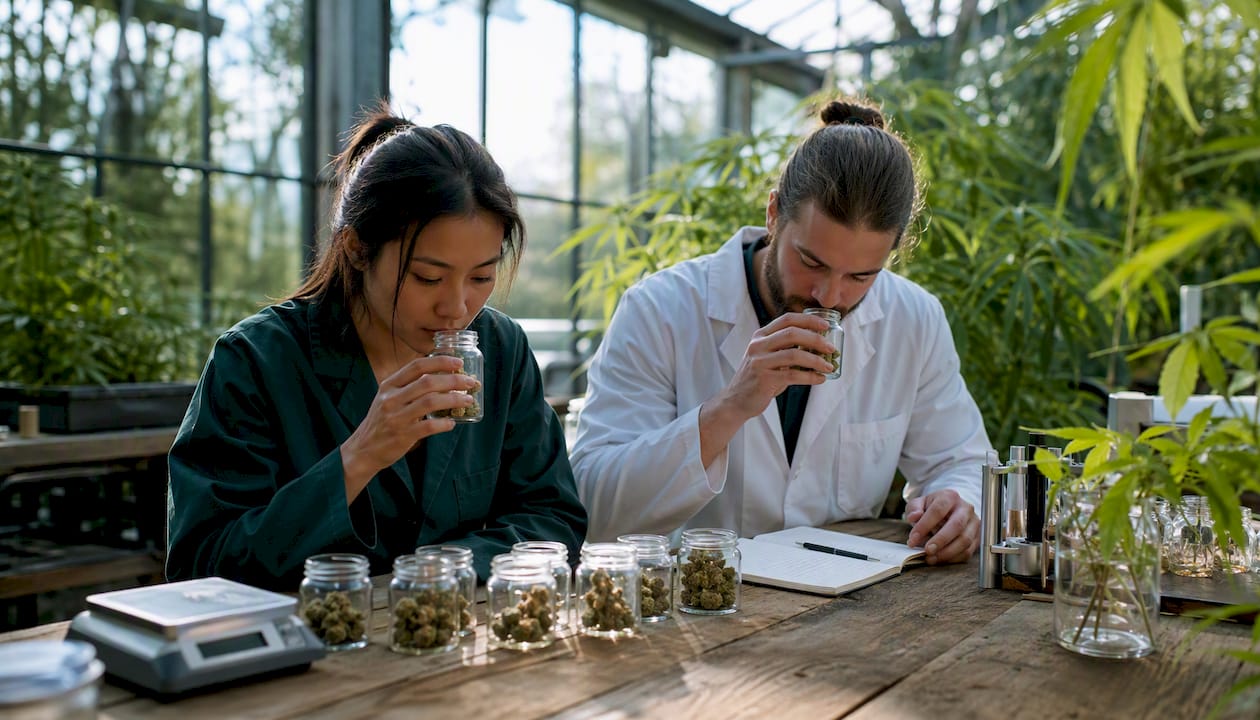 Hands analyzing cannabis terpene samples in lab