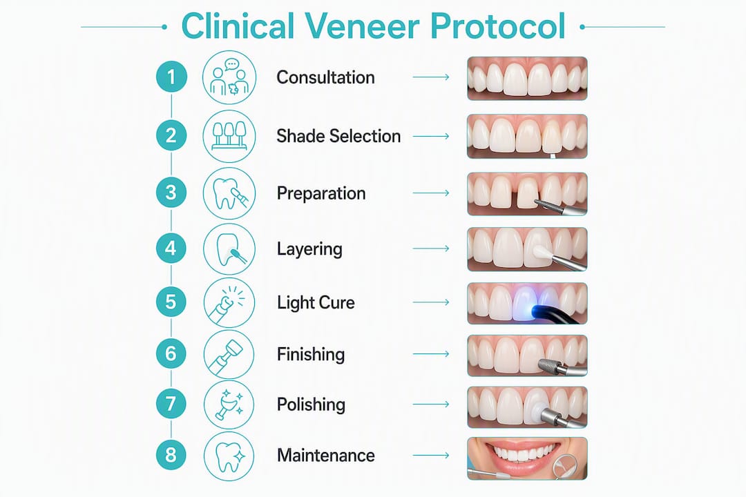Step-by-step composite veneer clinical protocol infographic