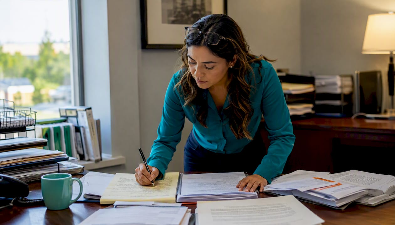 Legal assistant reviewing bail paperwork