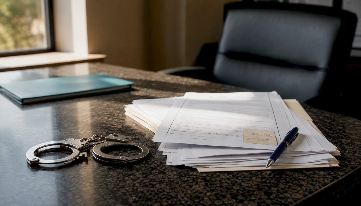 Close-up of handcuffs with bail hearing papers