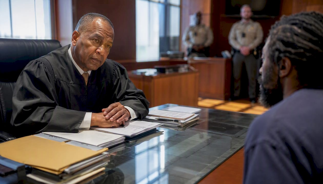 Judge interacting attentively during court session