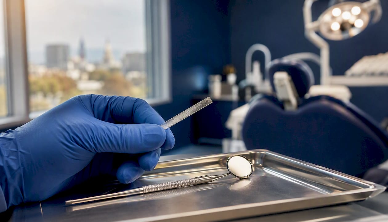 Close-up of dental IPR tools in clinic