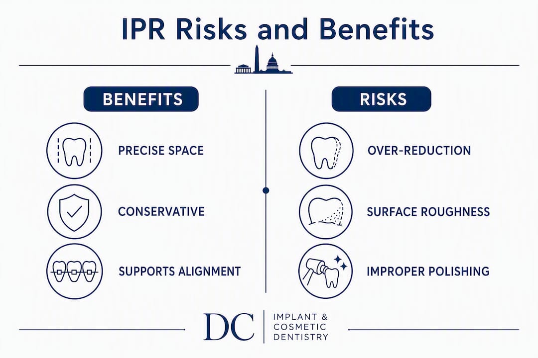 Infographic comparing risks and benefits of Invisalign IPR