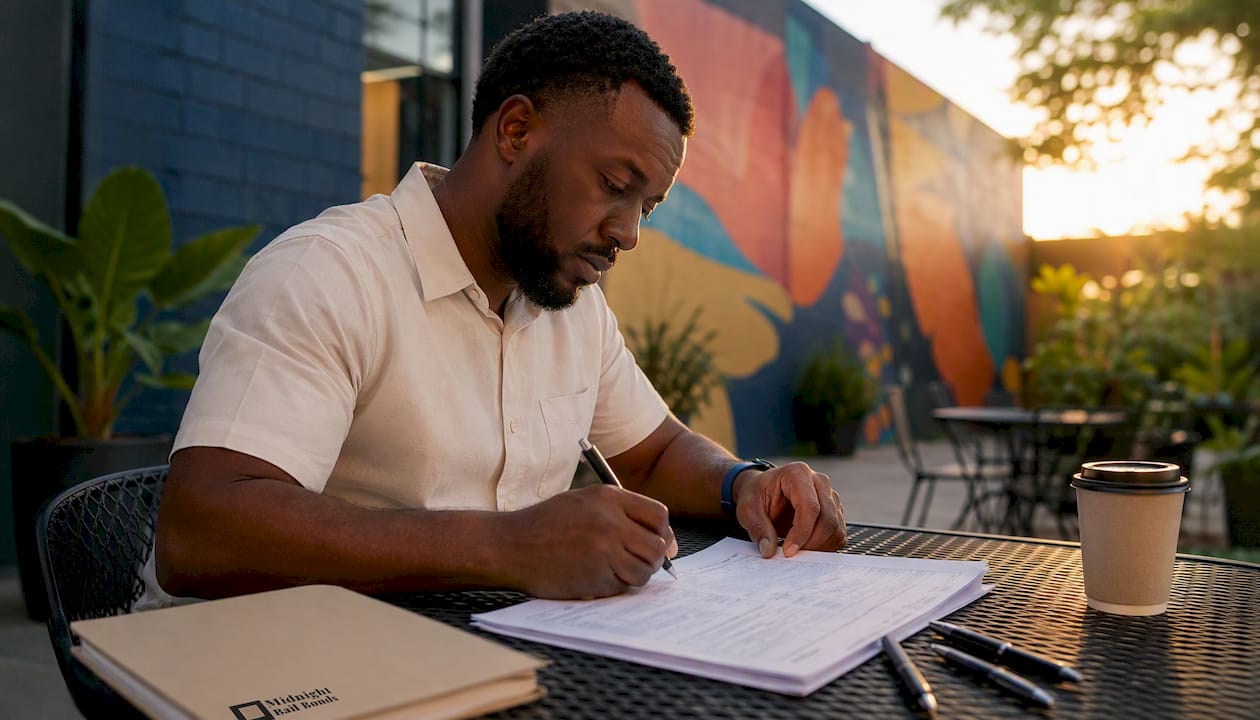 Bail bondsman filling bail paperwork at desk