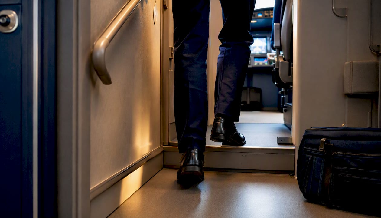 Pilot stepping up into Boeing 767 cockpit interior