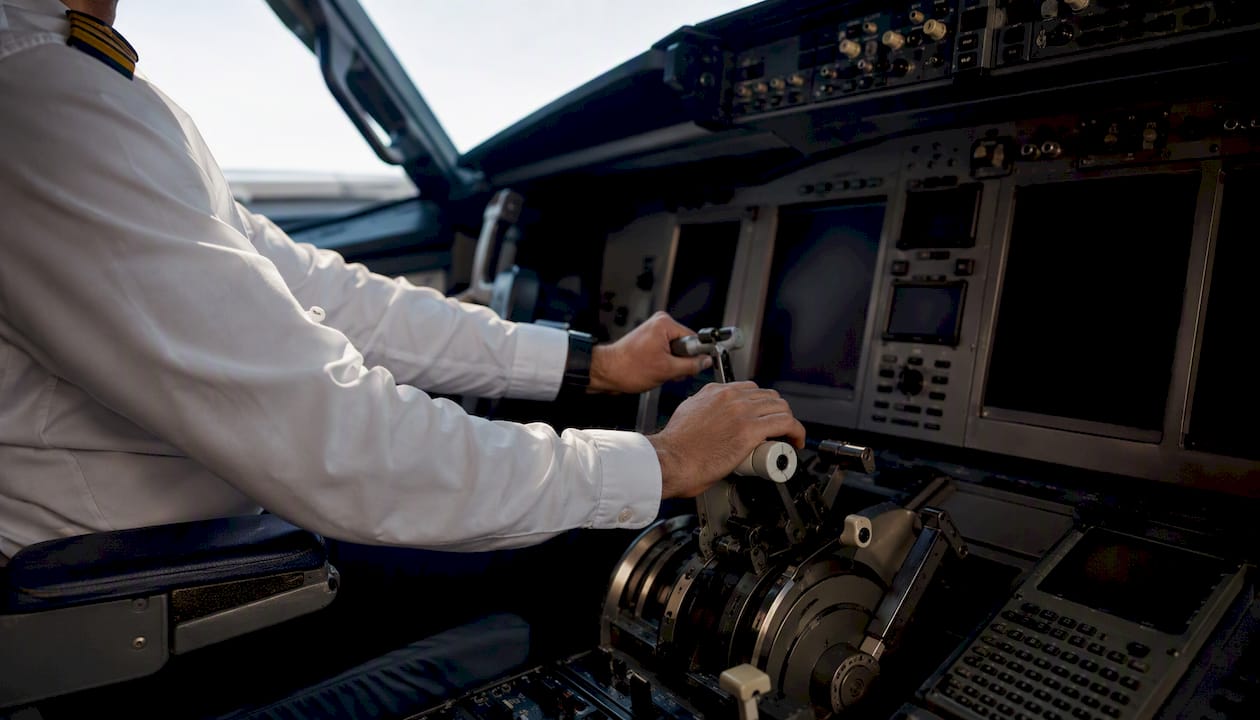 Pilot adjusting Boeing 757 throttle controls