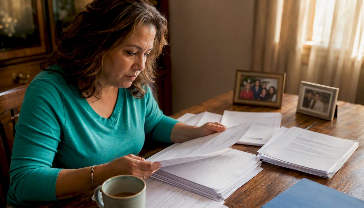 Woman reviewing bail hearing documents at home