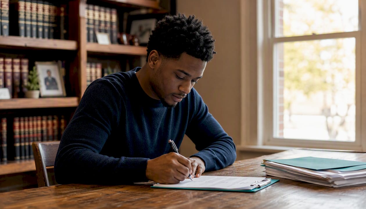 Man signing bail bond documents at office desk