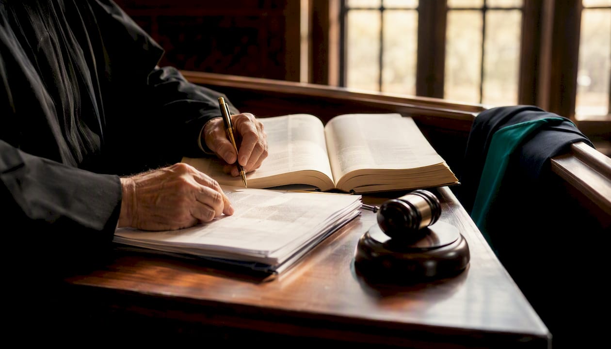 Judge reviewing documents during bail hearing