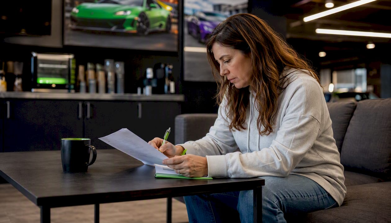 Customer reviewing car wrap warranty paperwork