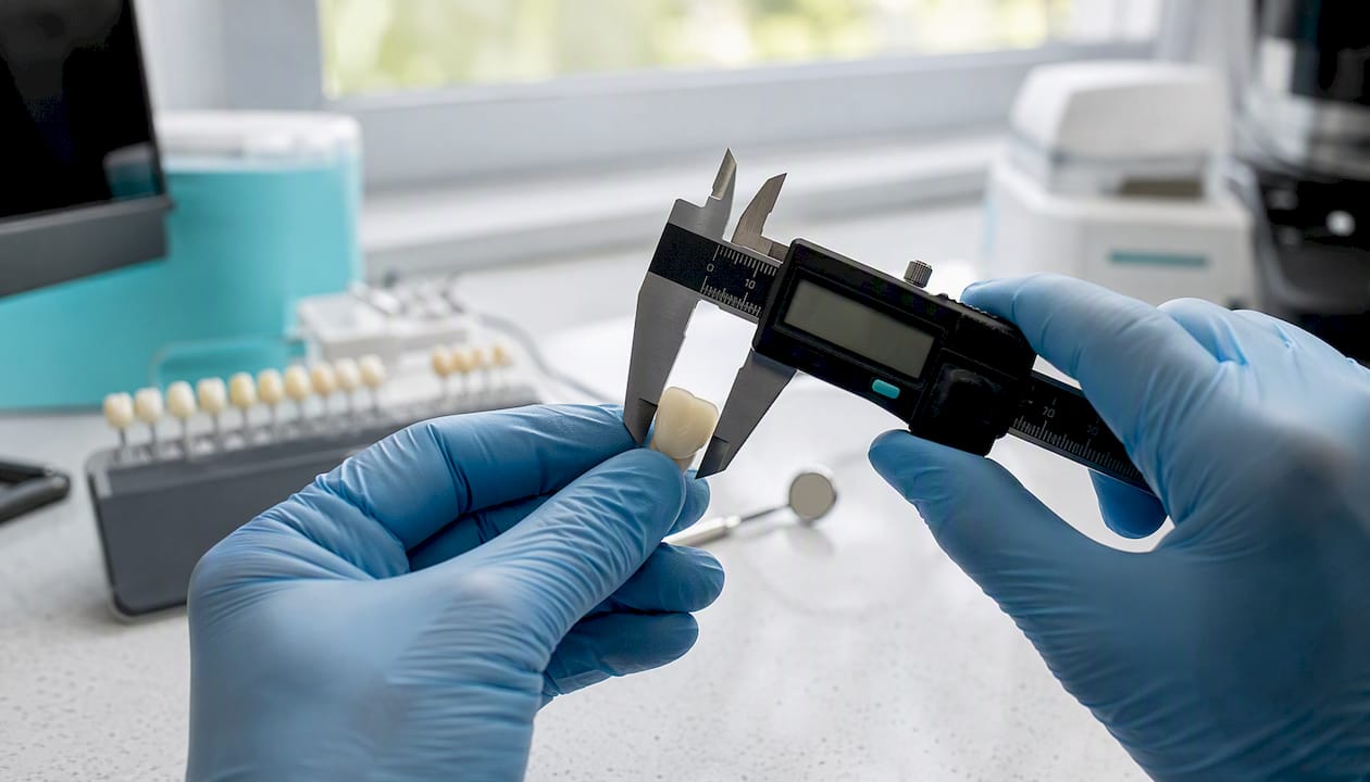 Hands measuring dental tooth model