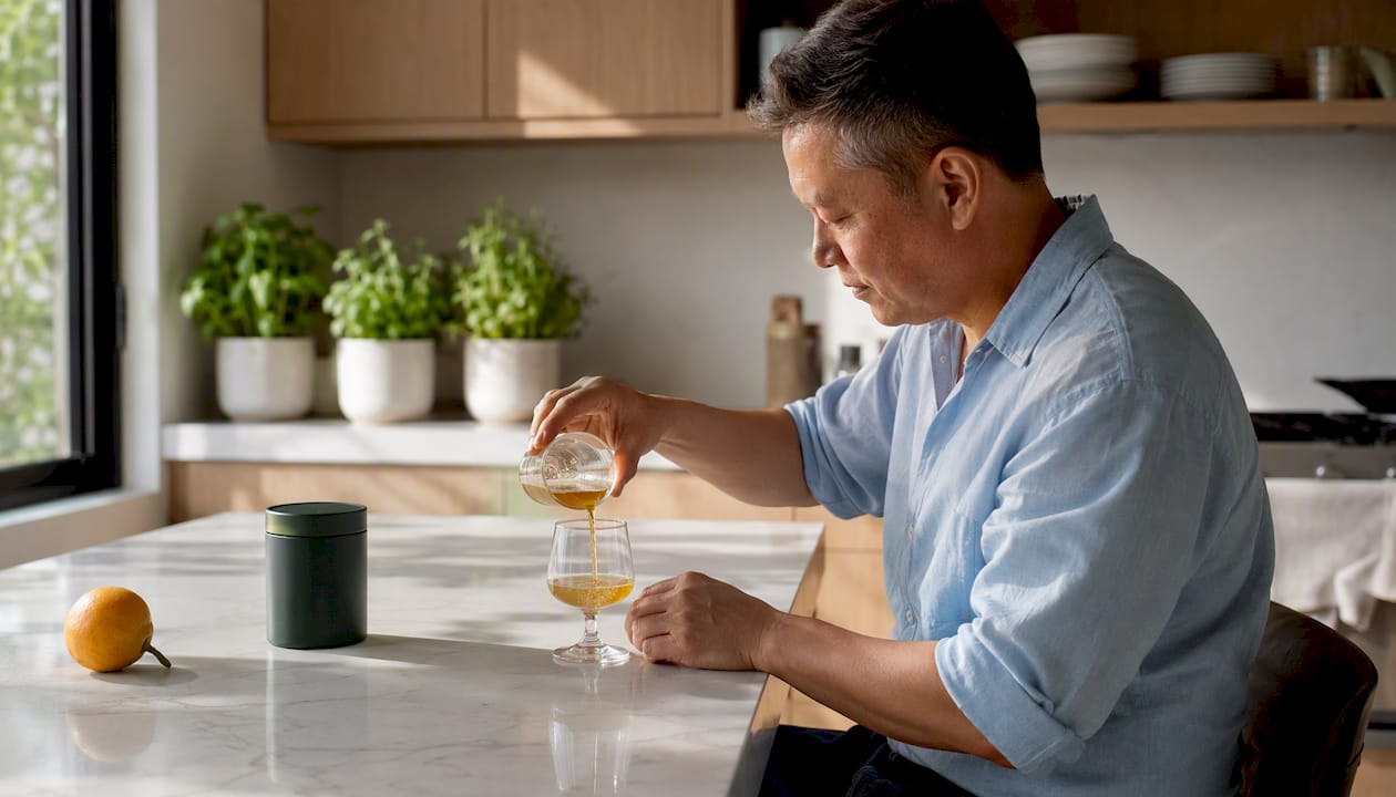 Close-up of hands measuring low dose cannabis drink