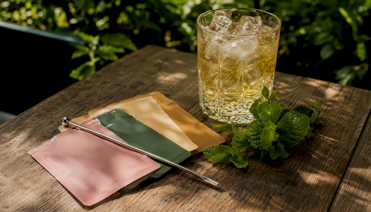 Flat lay of cannabis cocktail packets and prepared drink