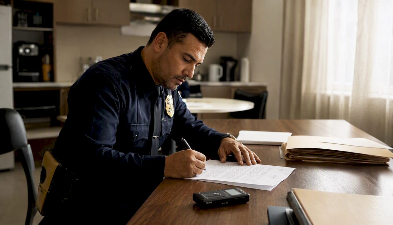 Detective preparing sworn affidavit document