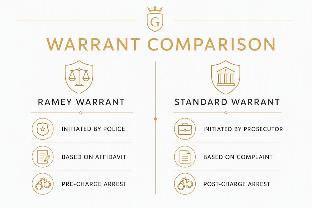 Infographic comparing Ramey and standard arrest warrants