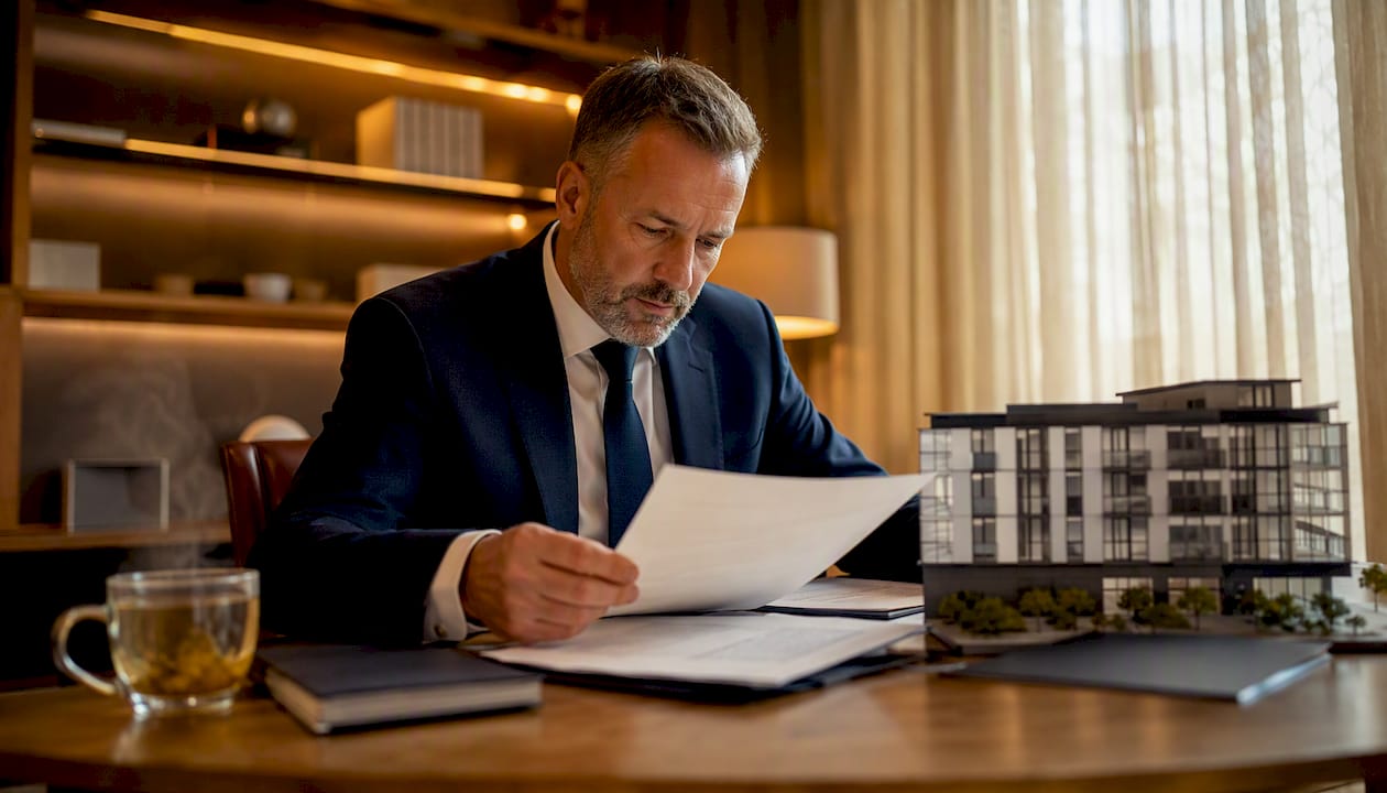 Project owner reviewing contract documents in office