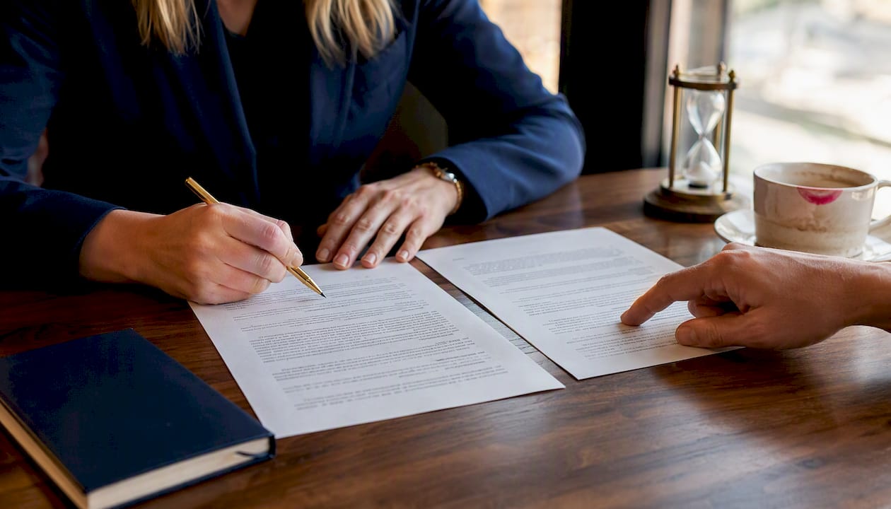 Hands over design and construction contracts on desk