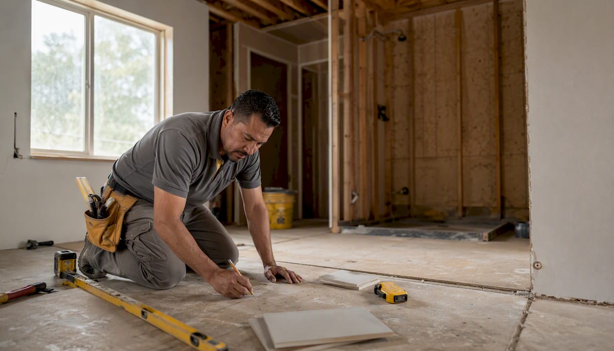 Contractor measuring bathroom renovation layout