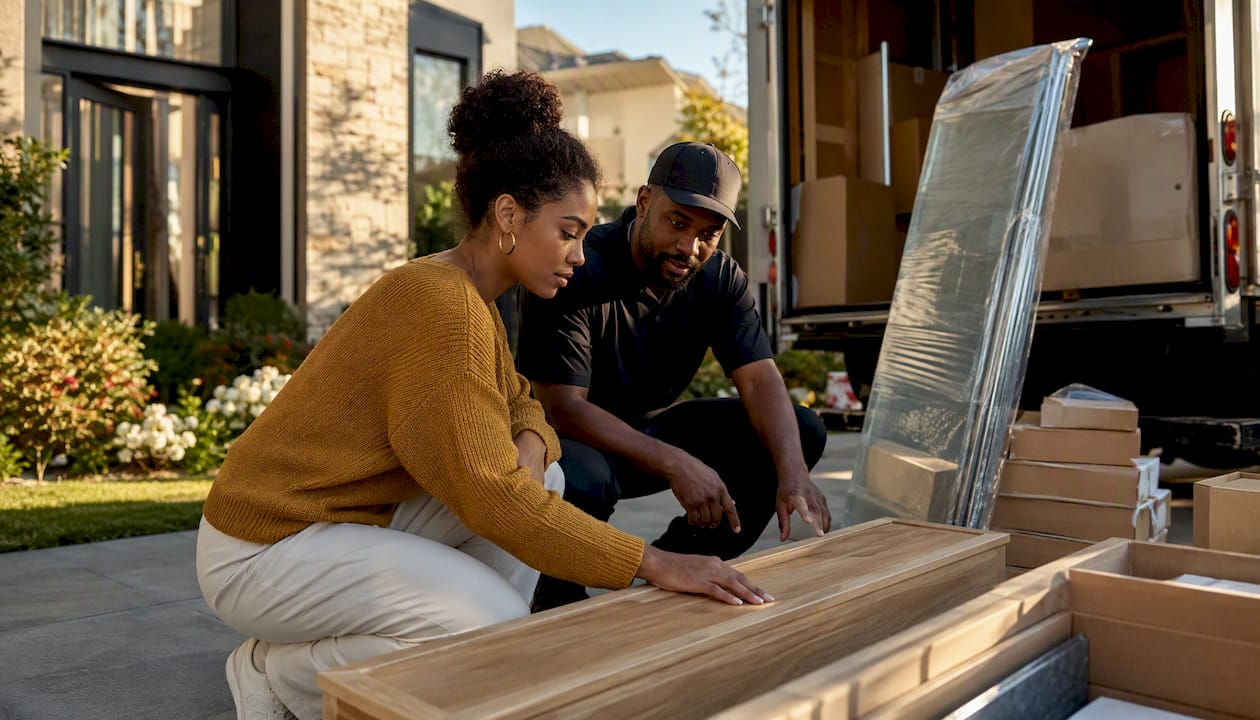 Homeowner inspecting bathroom remodel material delivery