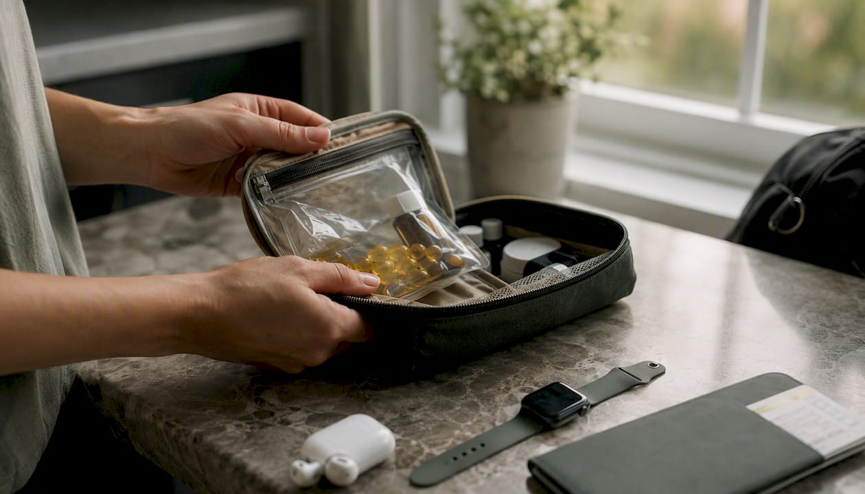 Hands packing medicine pouch for travel