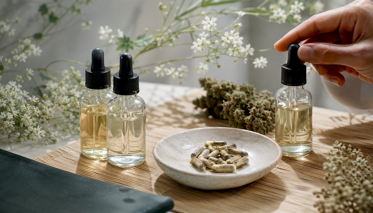 Cannabis drops and pills with botanical elements