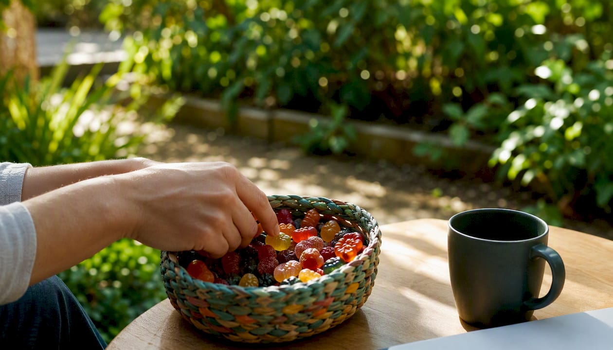 Hands picking low-dose vegan gummy from jar