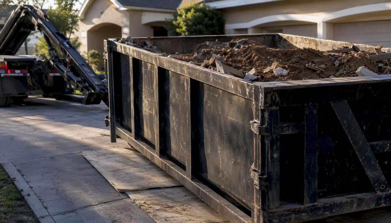 Roll-off dumpster on residential driveway