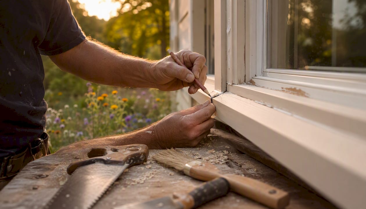 Contractor marking window trim defects during punch list
