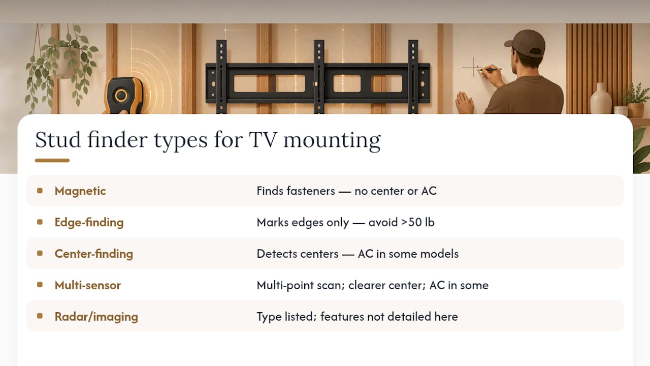 Comparison chart of stud finder types and features