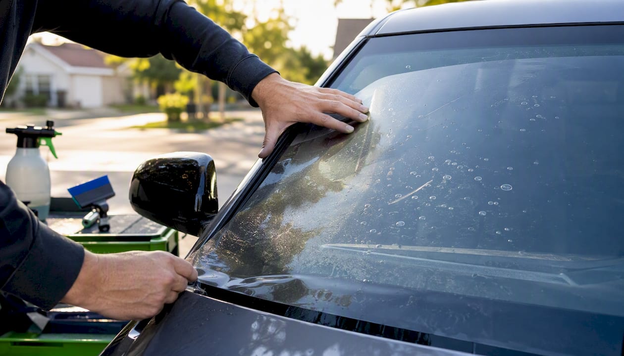 DIY installation of clear ceramic window tint on windshield