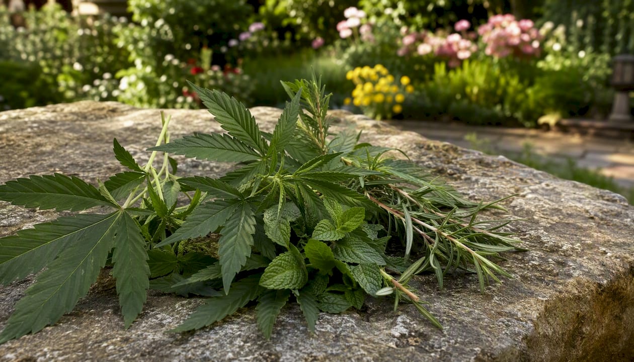 Cannabis leaves and terpene herbs